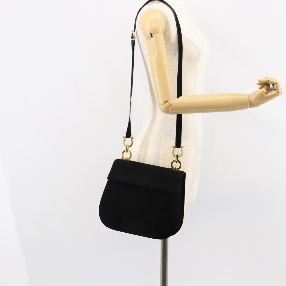 Salvatore Ferragamo Gancini Shoulder Bag Suede Black Gold Auth 149105