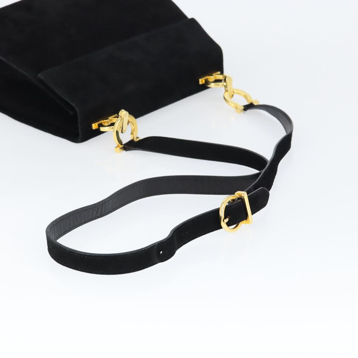 Salvatore Ferragamo Gancini Shoulder Bag Suede Black Gold Auth 149105