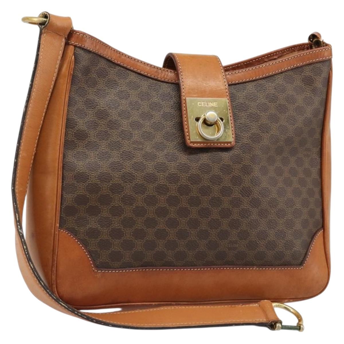 CELINE Macadam Canvas Shoulder Bag PVC Leather Brown Gold Auth 149126
