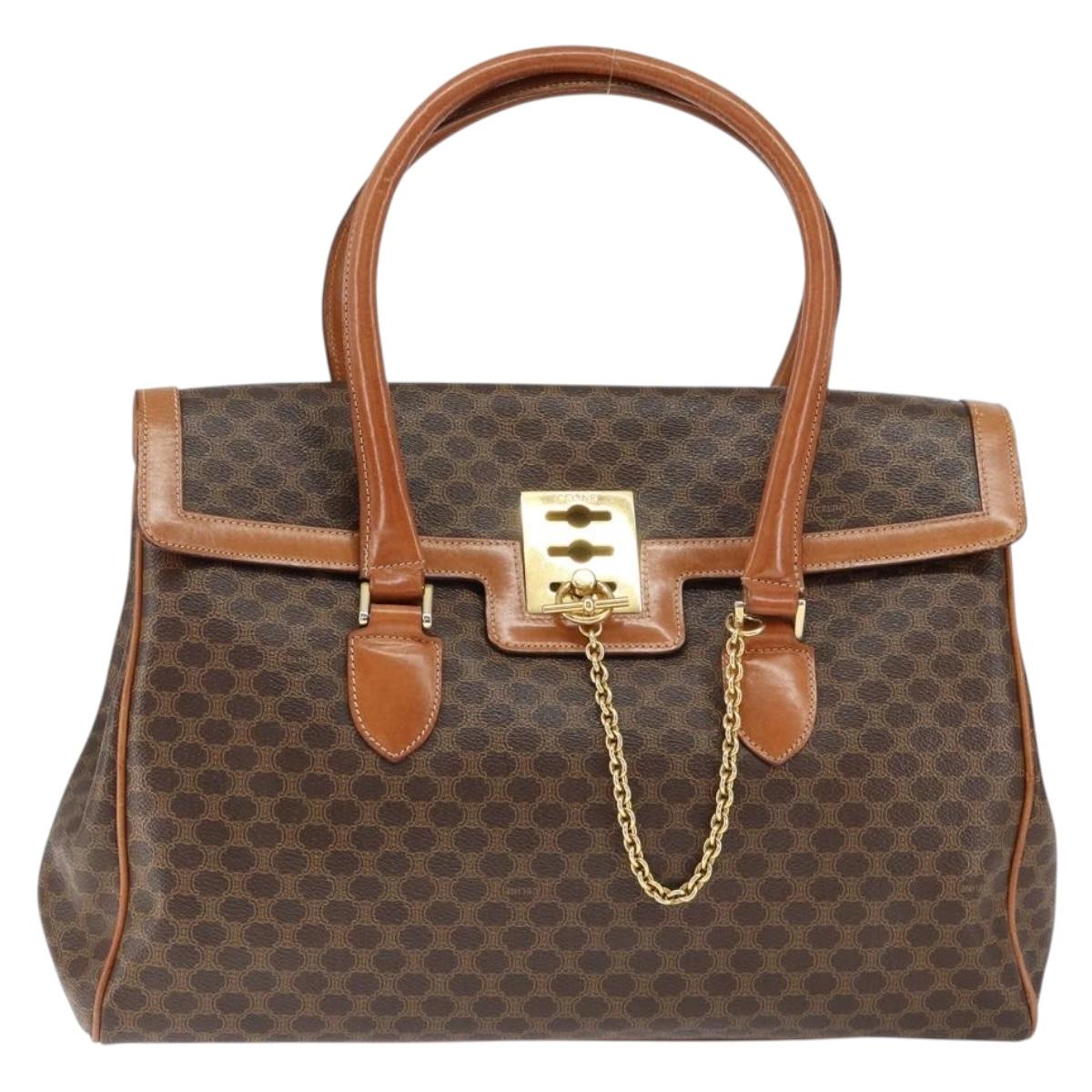 CELINE Macadam Canvas Hand Bag PVC Leather Brown Gold Auth 149128