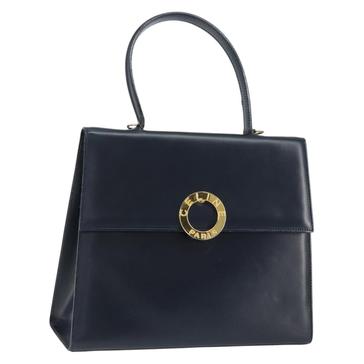 CELINE Circle Hand Bag Leather Navy Gold Auth 149129