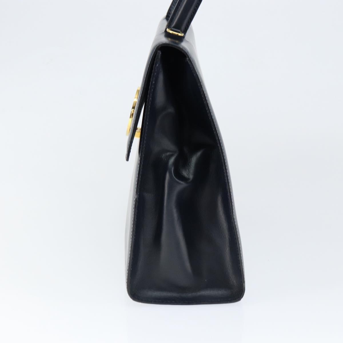 CELINE Circle Hand Bag Leather Navy Gold Auth 149129