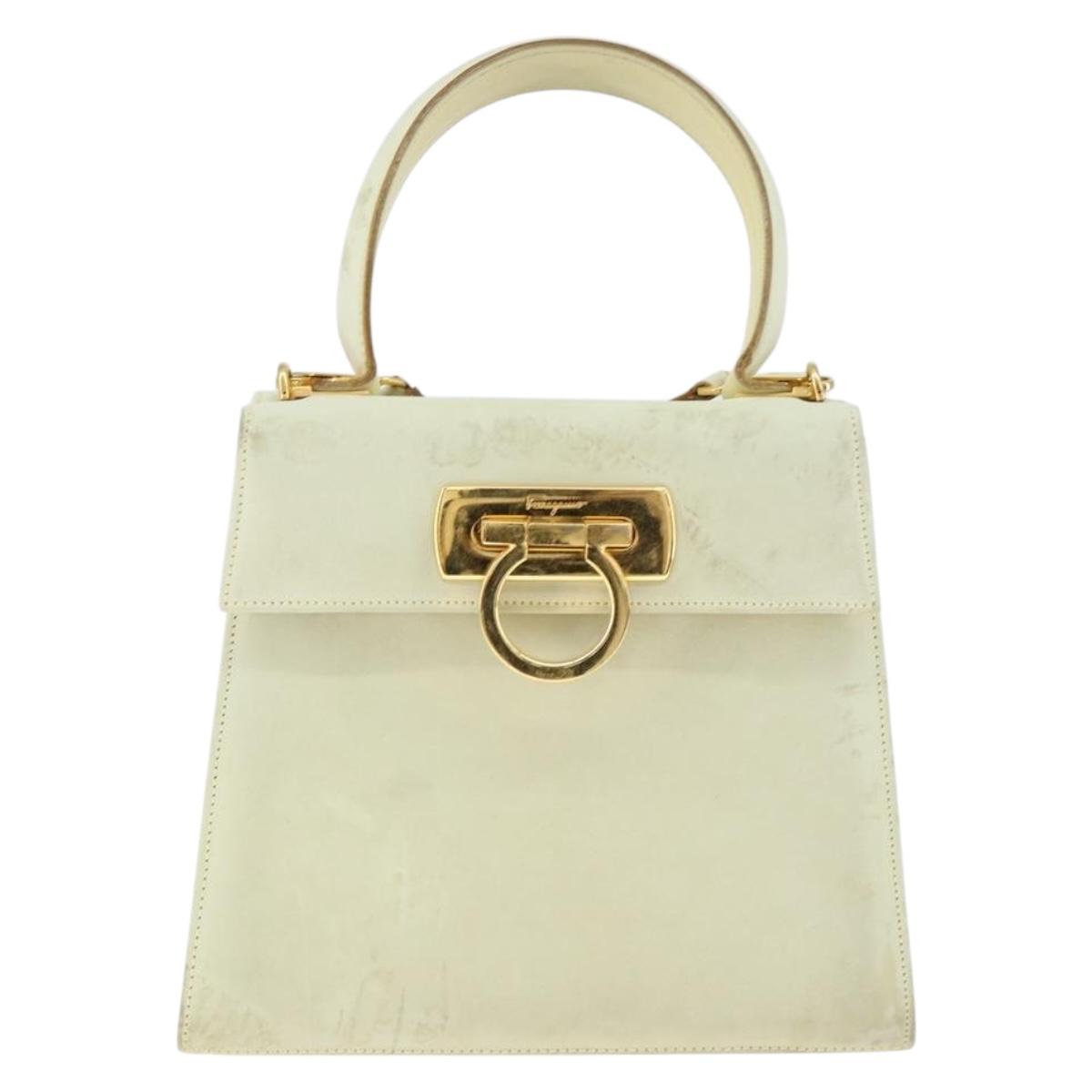 Salvatore Ferragamo Gancini Hand Bag Suede 2way Ivory Gold Auth 149146