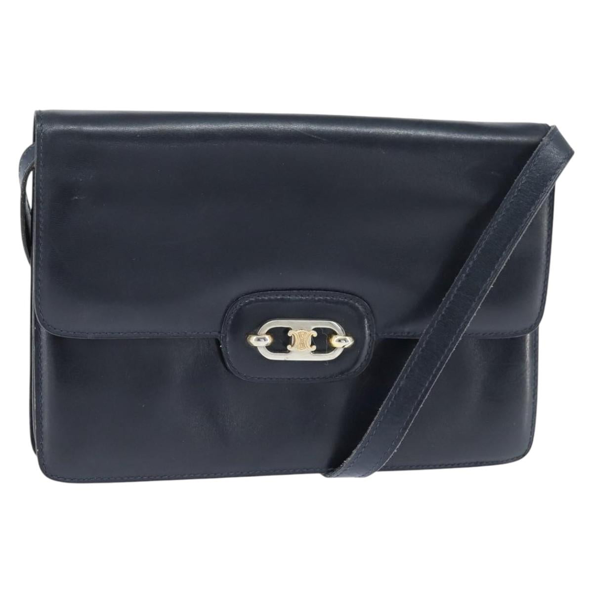 CELINE Shoulder Bag Leather Navy Gold Auth 149191