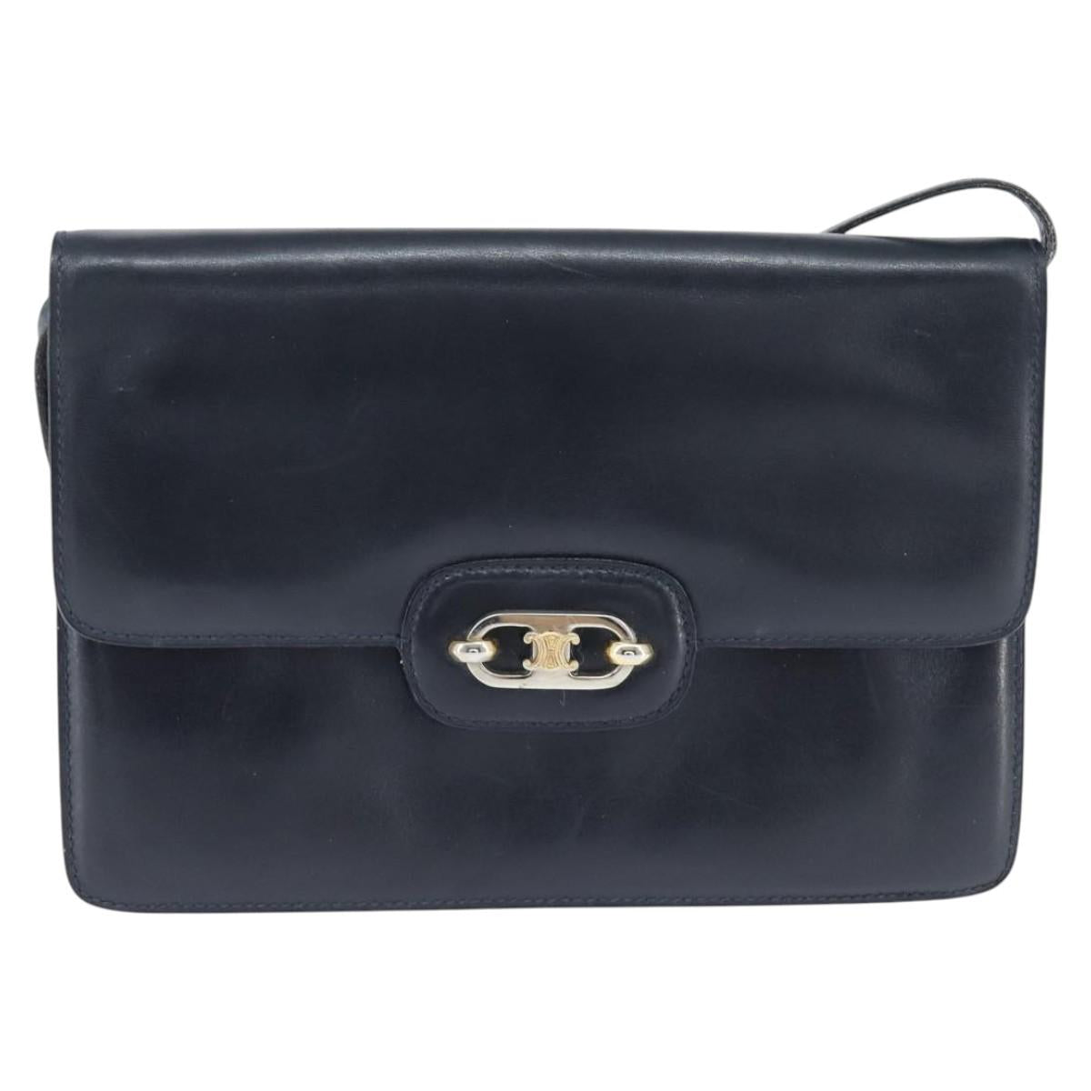 CELINE Shoulder Bag Leather Navy Gold Auth 149191