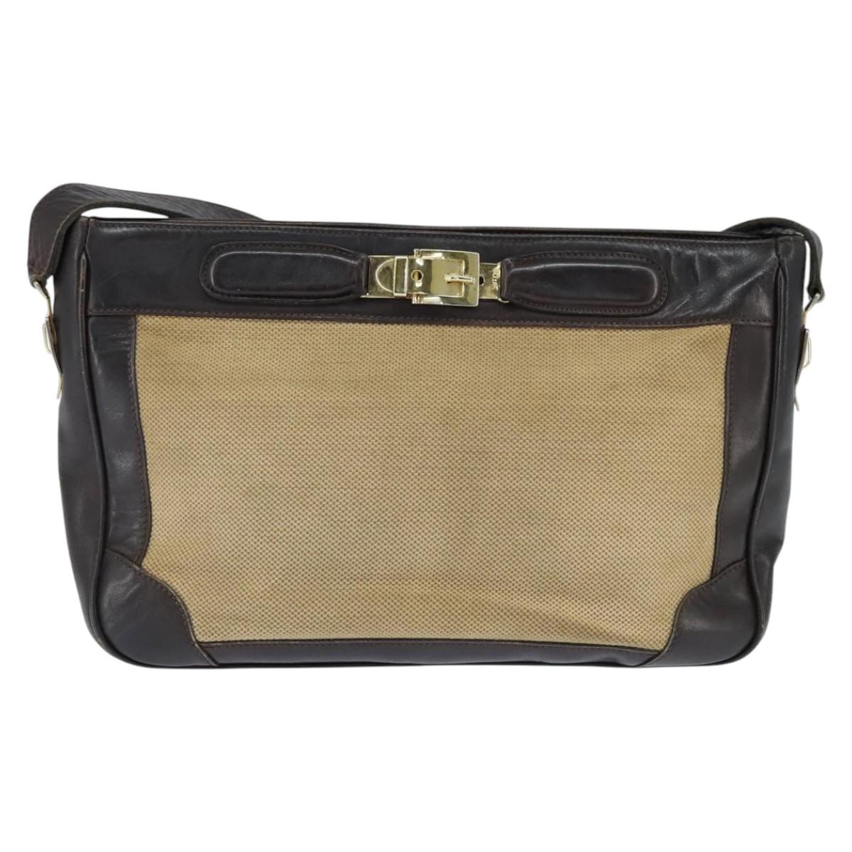 CELINE Shoulder Bag Canvas Beige Gold Auth 149192