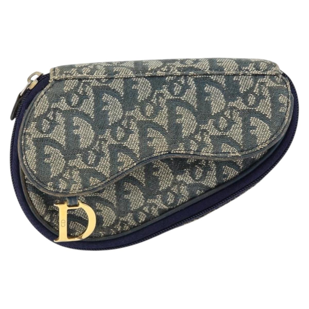 Christian Dior Trotter Canvas Saddle Pouch Navy Gold Auth 149216