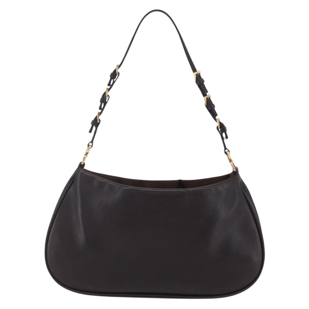 PRADA Accessory Pouch Leather Dark Brown Gold Auth 149220V