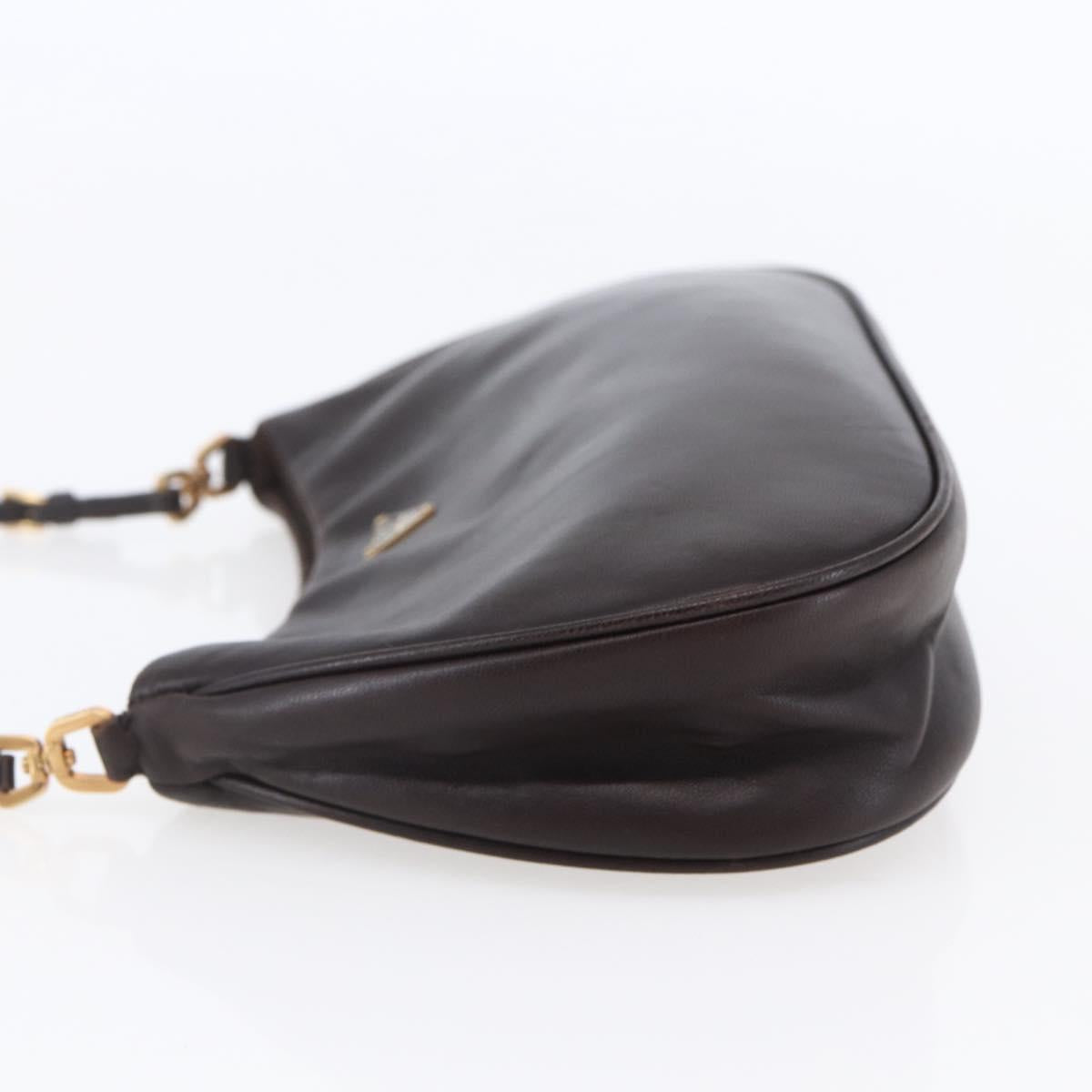 PRADA Accessory Pouch Leather Dark Brown Gold Auth 149220V