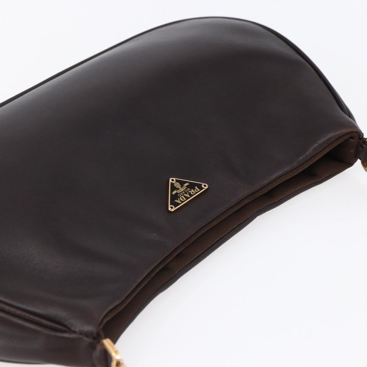 PRADA Accessory Pouch Leather Dark Brown Gold Auth 149220V