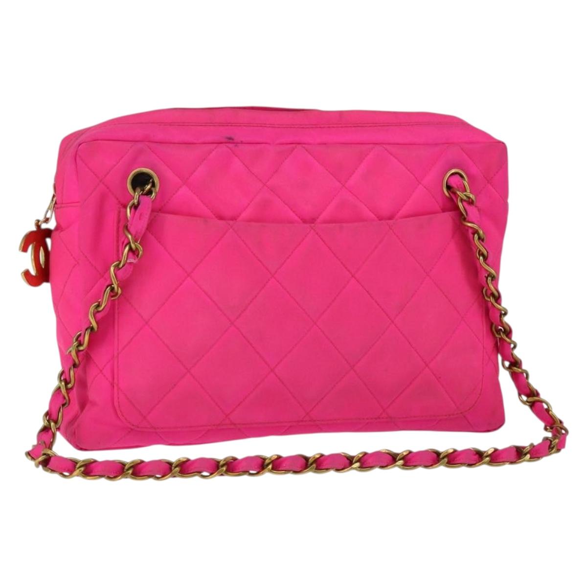 CHANEL Matelasse Chain Shoulder Bag Nylon Pink Gold CC Auth 149222