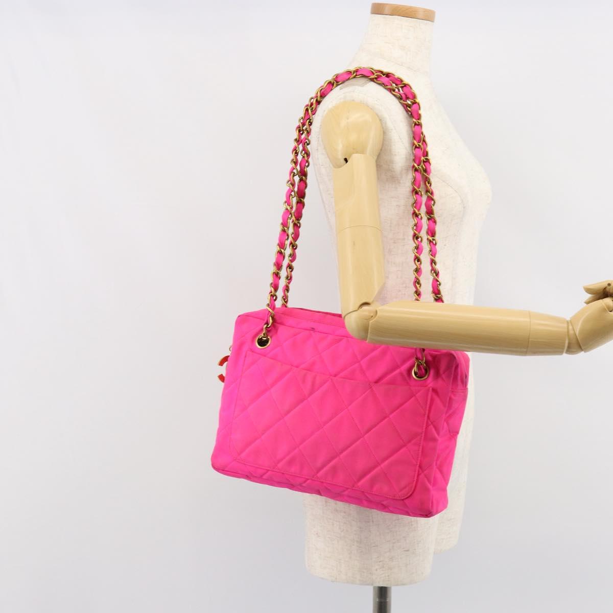 CHANEL Matelasse Chain Shoulder Bag Nylon Pink Gold CC Auth 149222