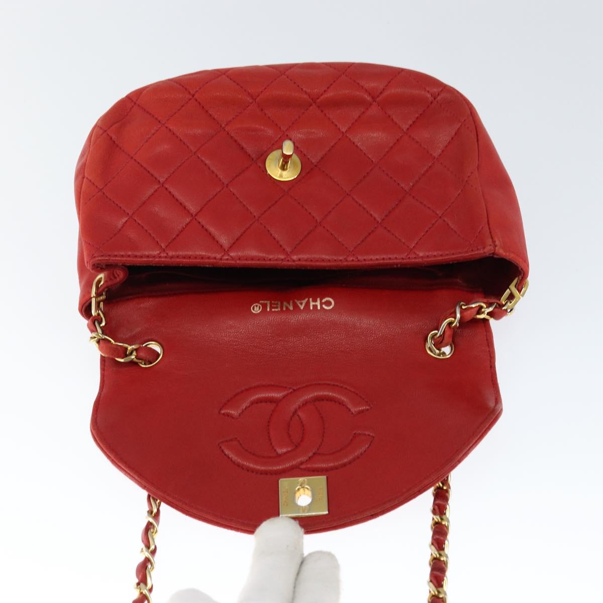 CHANEL Matelasse Chain Shoulder Bag Lamb Skin Red Gold CC Auth 149223