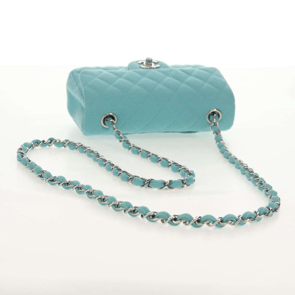 CHANEL Matelasse 20 Chain Bag Cotton Turquoise Blue Silver CC Auth 149236SAM