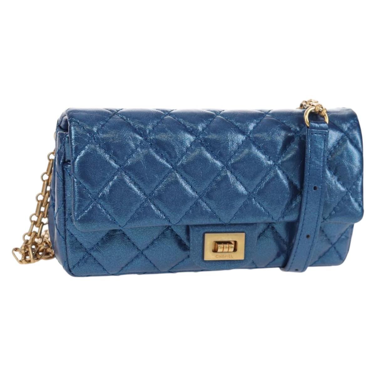 CHANEL 2.55 Matelasse Chain Shoulder Bag Calf Skin Blue Gold CC Auth 149291M