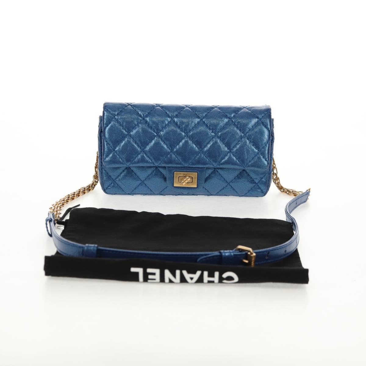 CHANEL 2.55 Matelasse Chain Shoulder Bag Calf Skin Blue Gold CC Auth 149291M