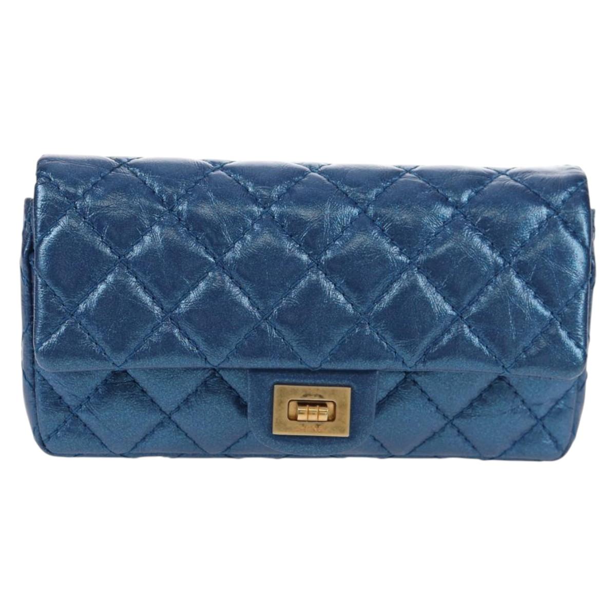CHANEL 2.55 Matelasse Chain Shoulder Bag Calf Skin Blue Gold CC Auth 149291M