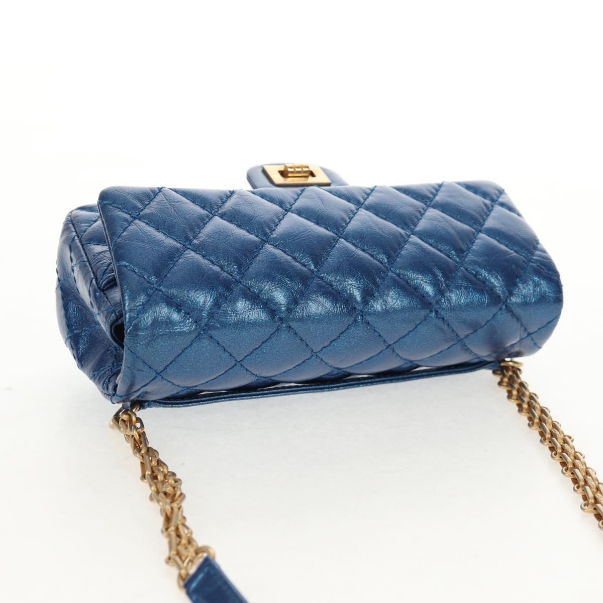 CHANEL 2.55 Matelasse Chain Shoulder Bag Calf Skin Blue Gold CC Auth 149291M