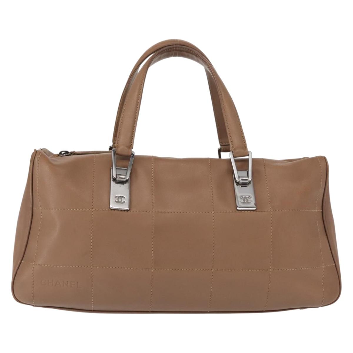 CHANEL Choco Bar Hand Bag Lamb Skin Brown Silver CC Auth 149307