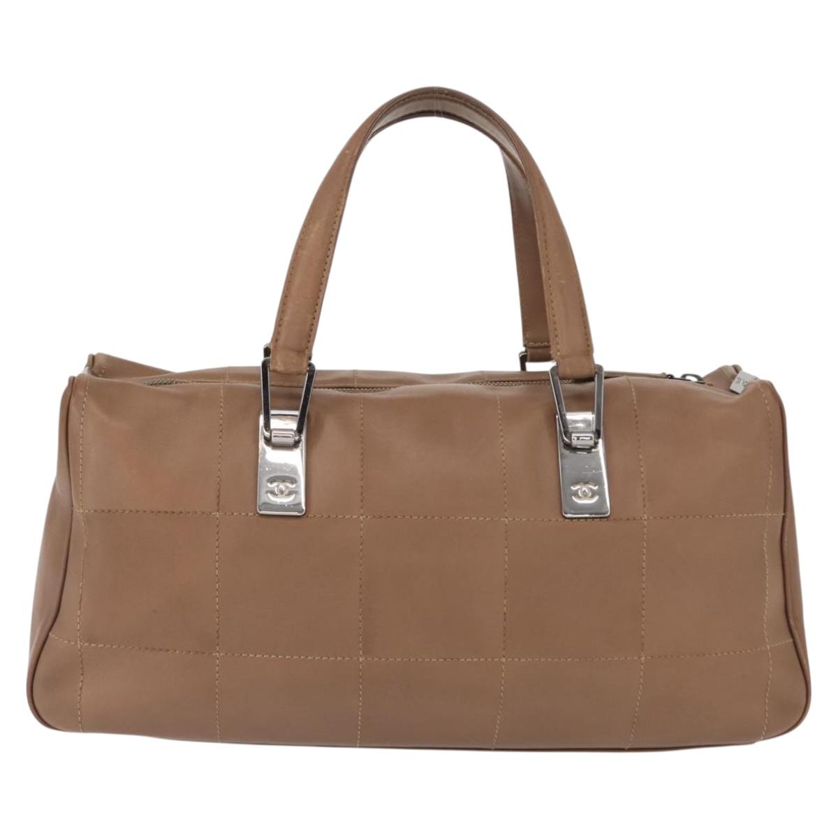 CHANEL Choco Bar Hand Bag Lamb Skin Brown Silver CC Auth 149307