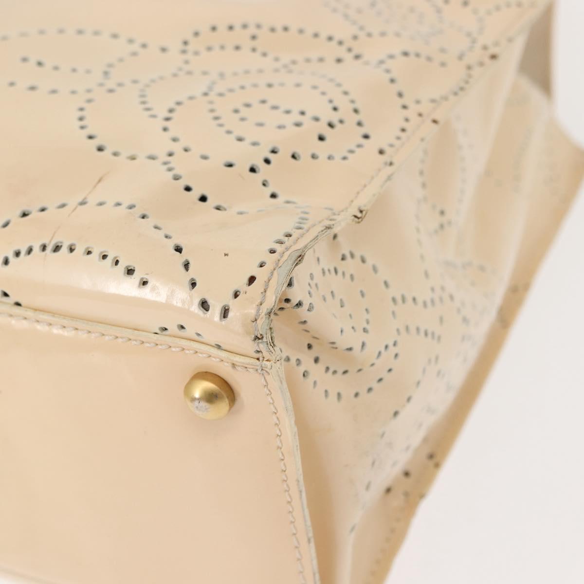 CHANEL Camelia Tote Bag Patent leather Beige Gold CC Auth 149325