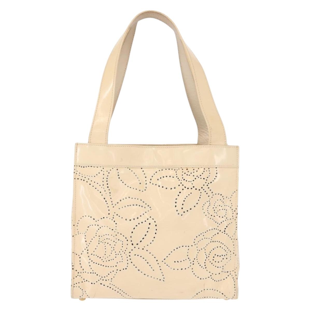 CHANEL Camelia Tote Bag Patent leather Beige Gold CC Auth 149325