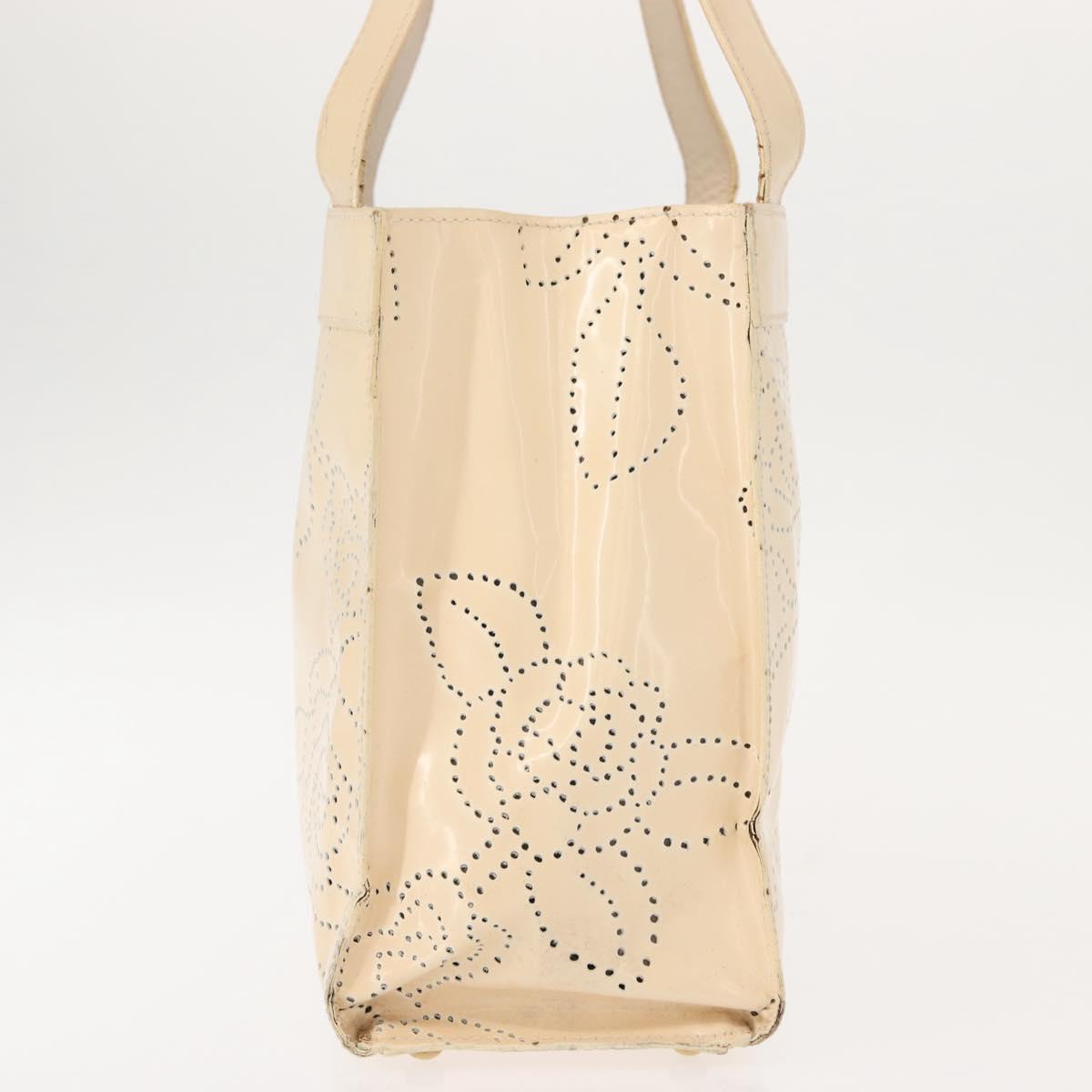 CHANEL Camelia Tote Bag Patent leather Beige Gold CC Auth 149325