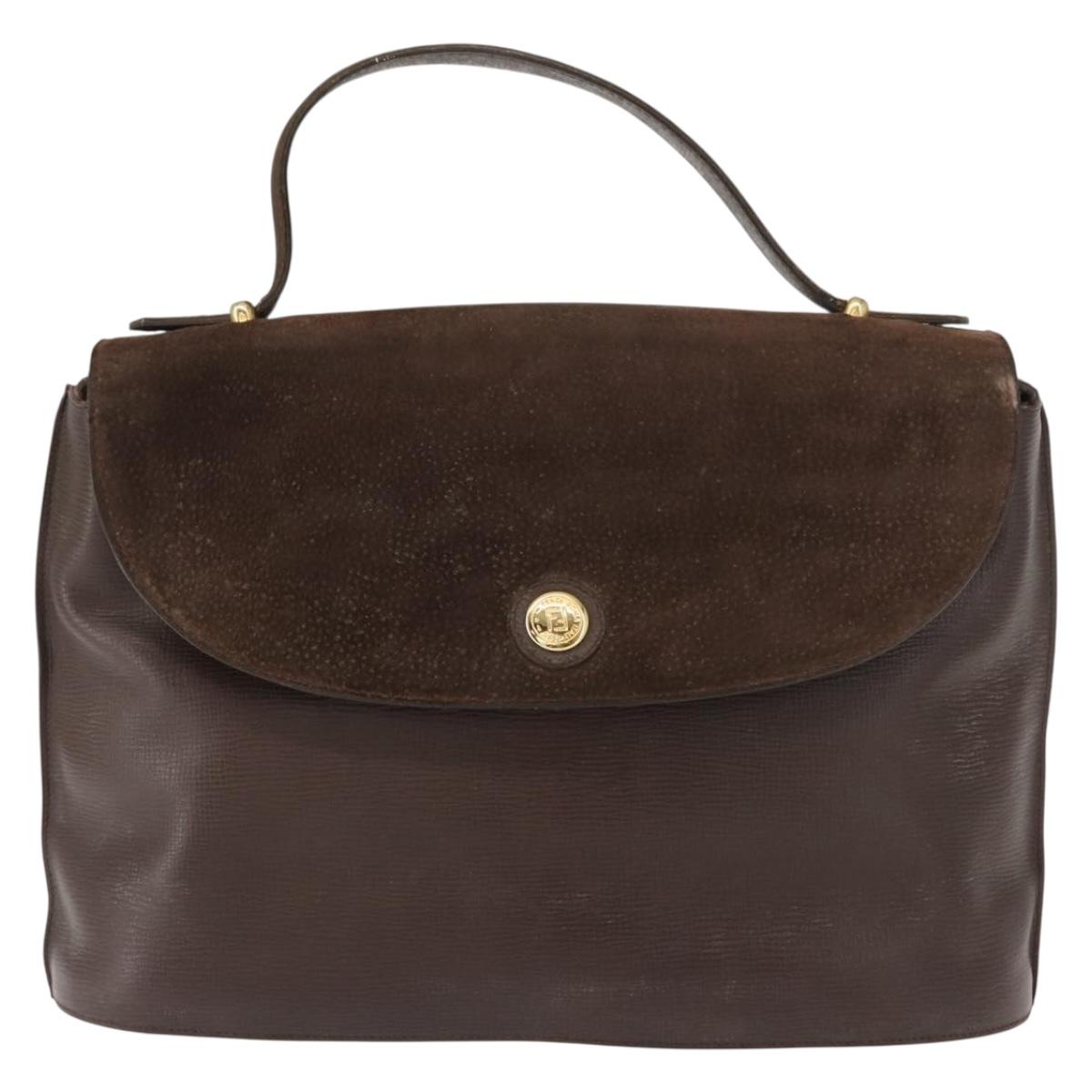 FENDI Hand Bag Leather Brown Gold Auth 149326