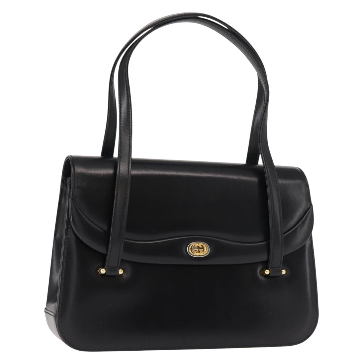 GUCCI Hand Bag Leather Black Gold Auth 149354