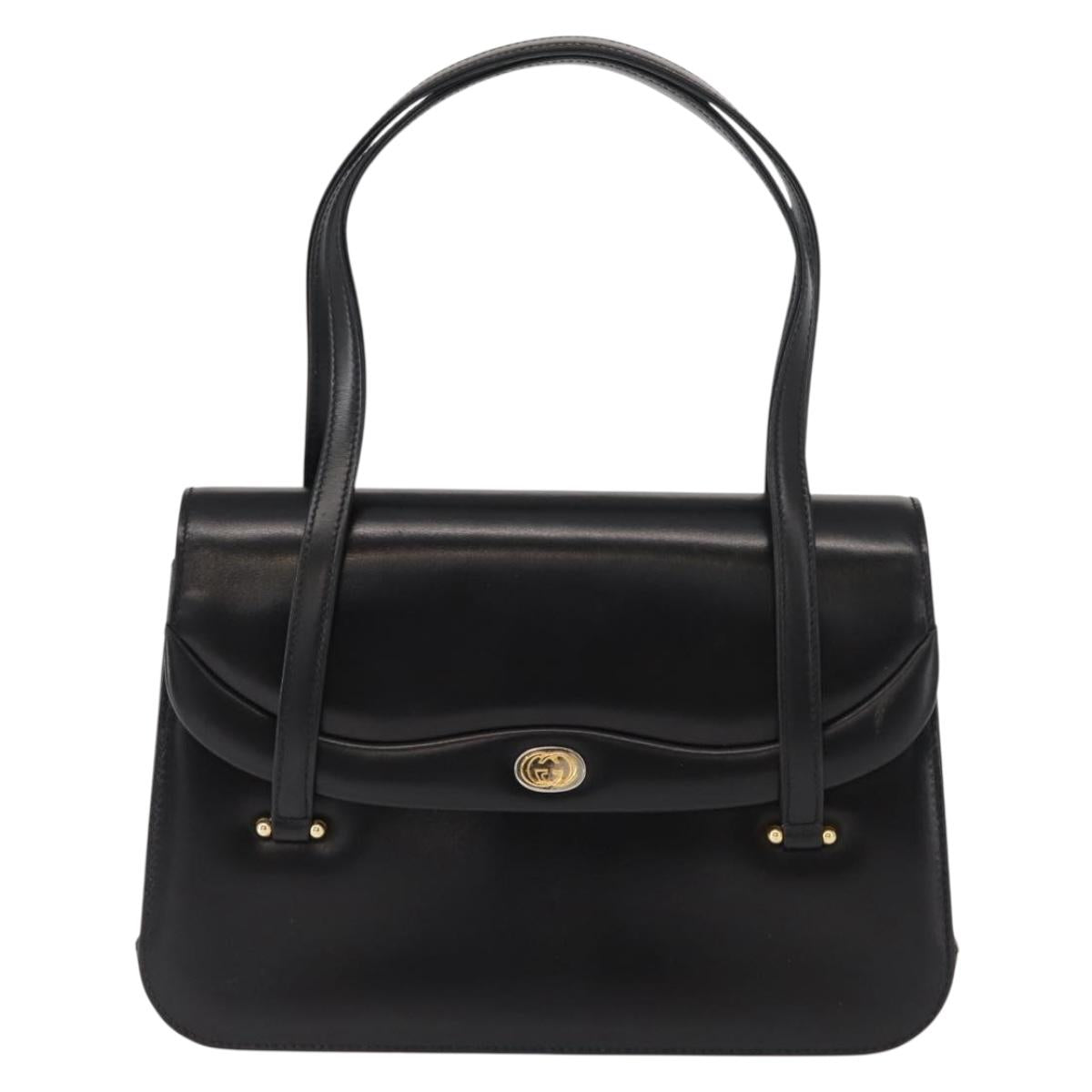 GUCCI Hand Bag Leather Black Gold Auth 149354