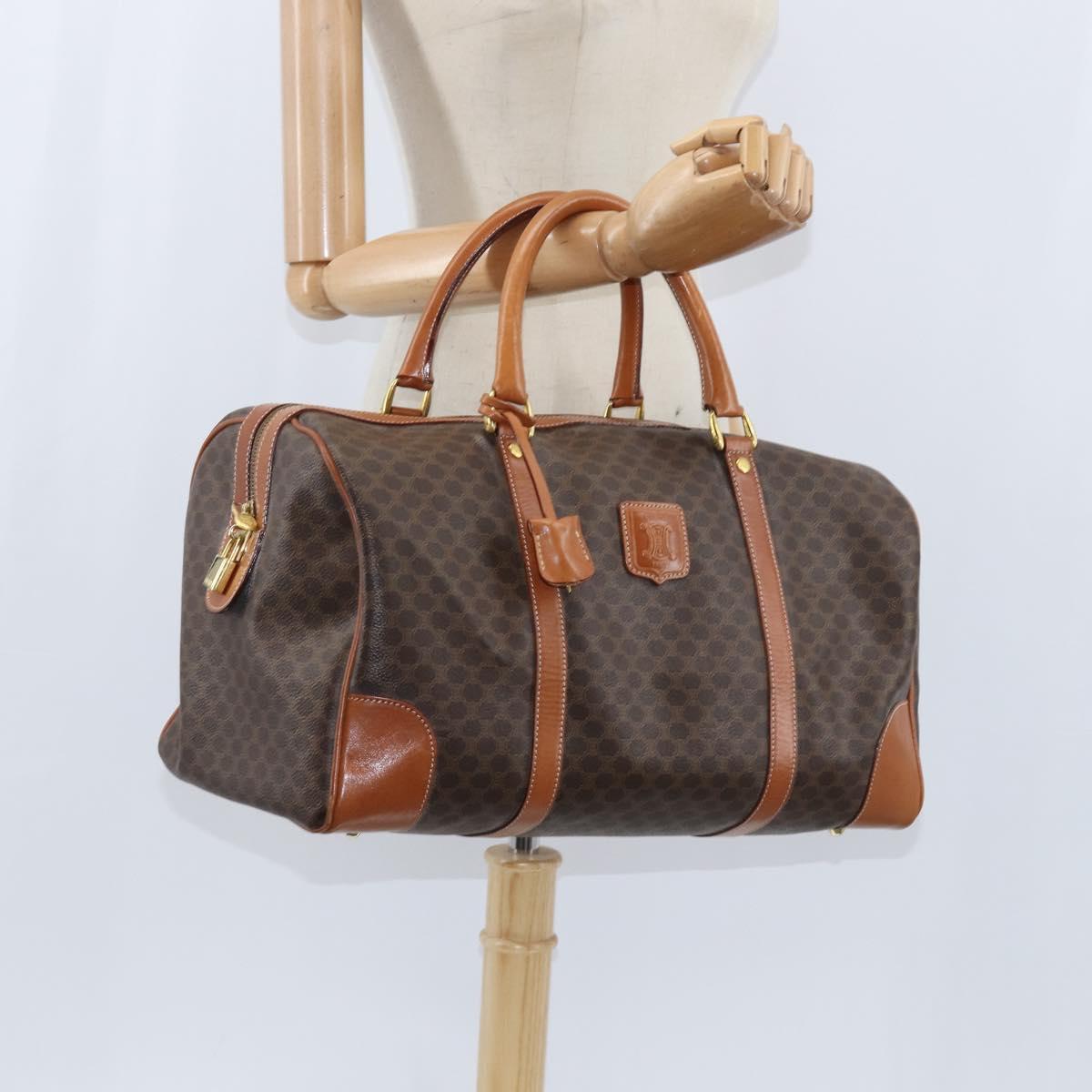 CELINE Macadam Canvas Boston Bag PVC Brown Gold Auth 149357