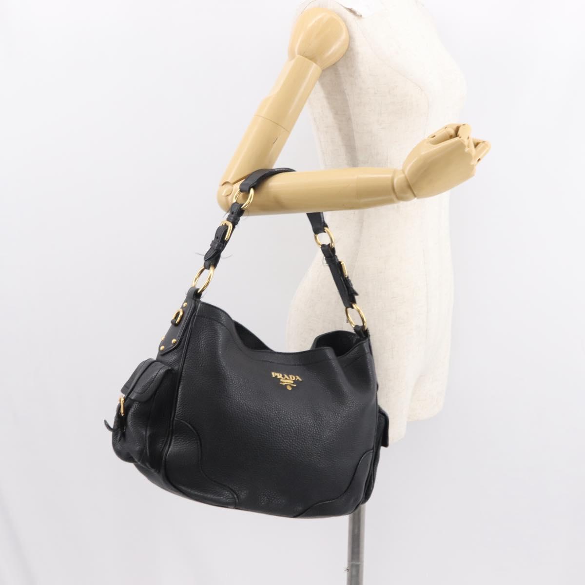 PRADA Shoulder Bag Leather Black Gold Auth 149362
