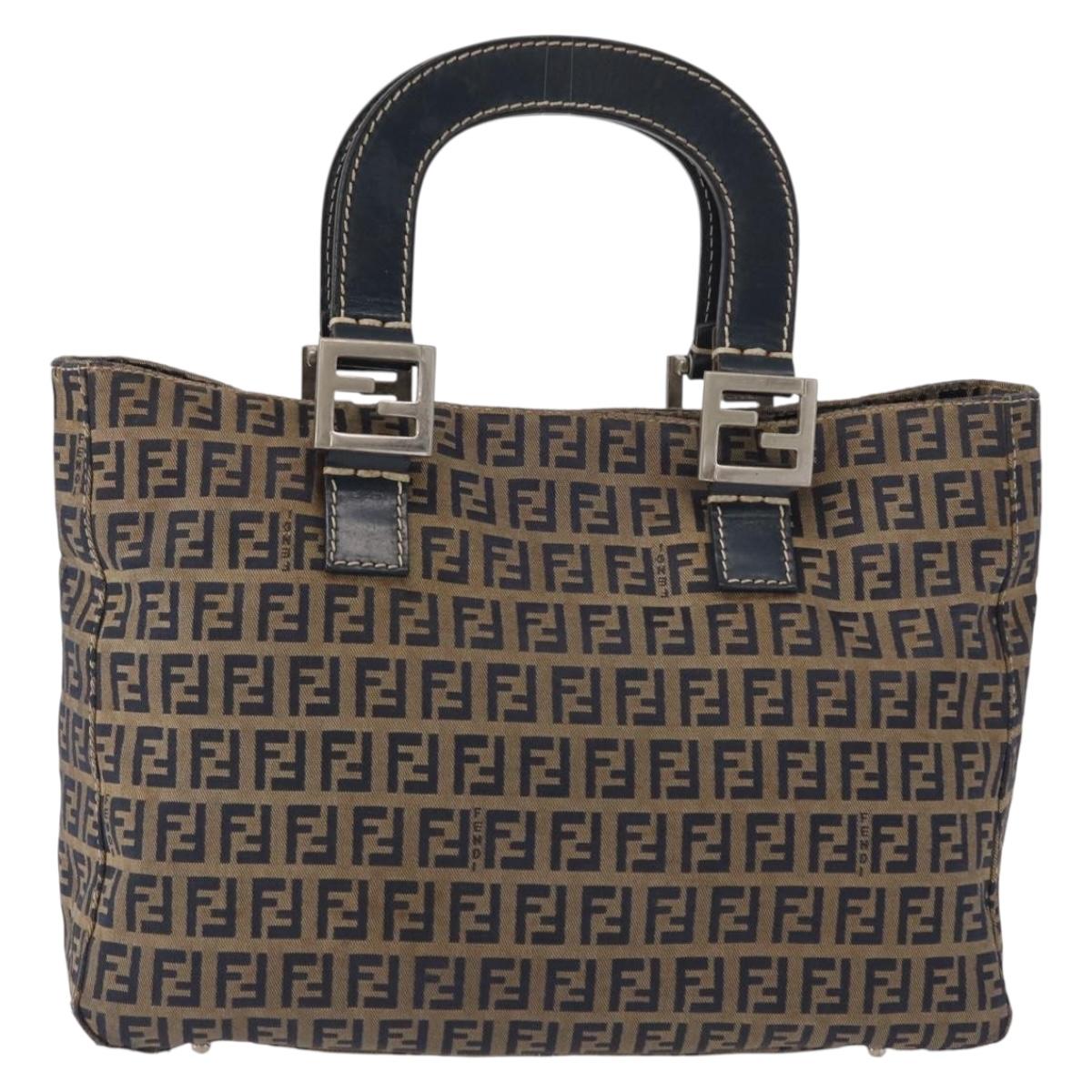 FENDI Zucchino Canvas Hand Bag Navy Silver Auth 149376
