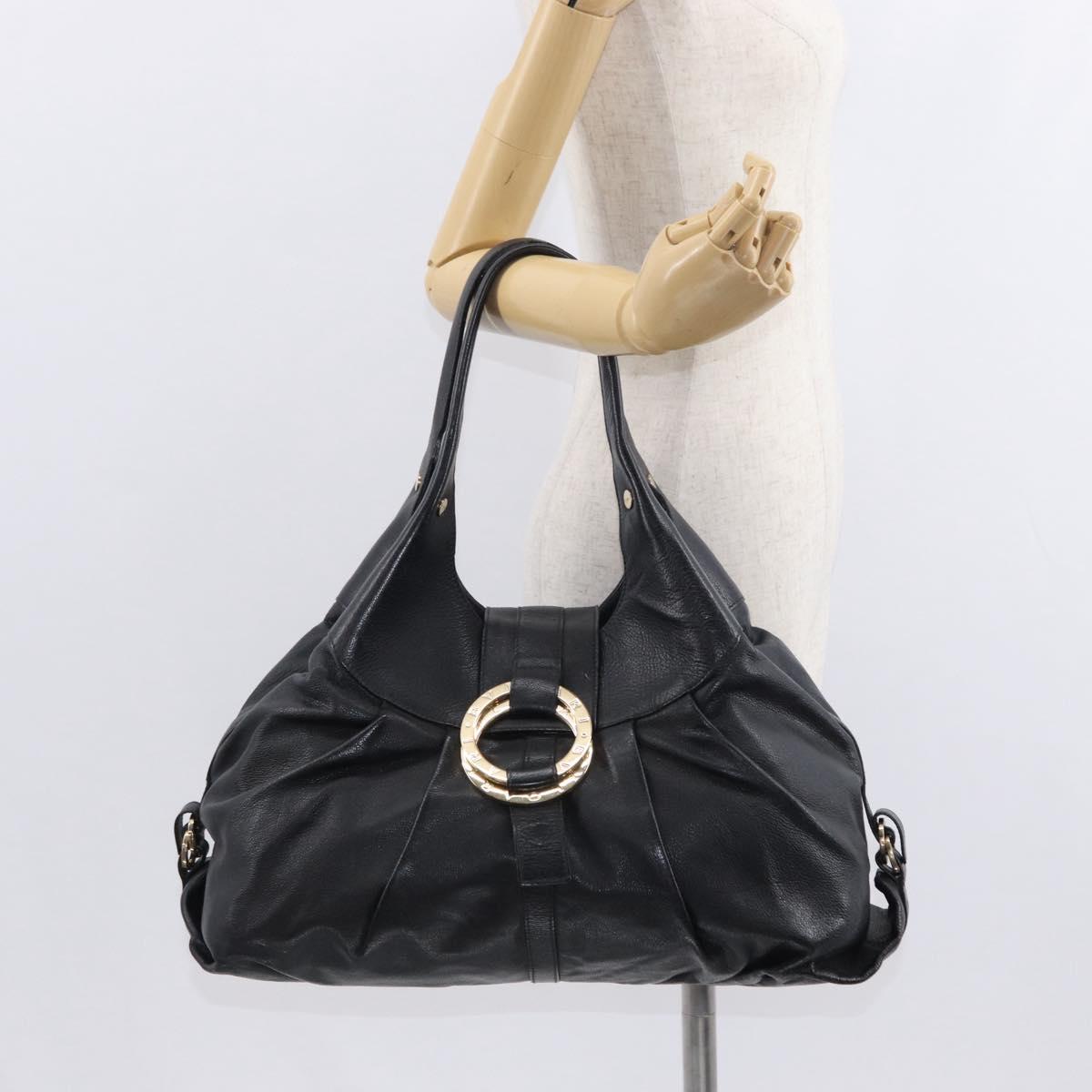 BVLGARI Chandra Hand Bag Leather Black Gold Auth 149392