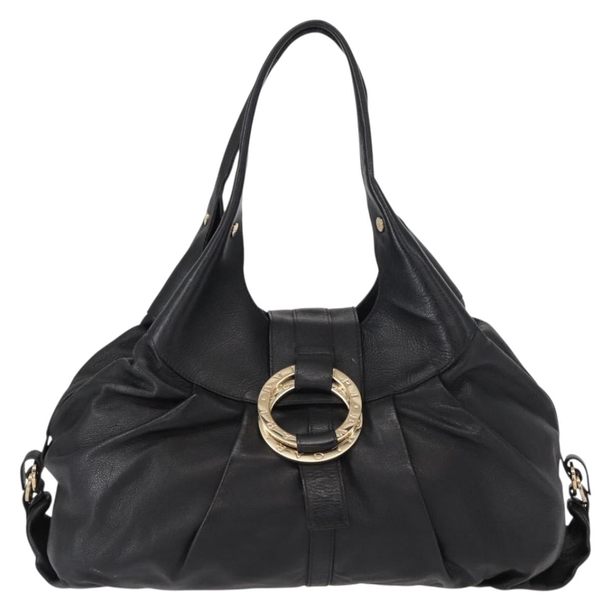BVLGARI Chandra Hand Bag Leather Black Gold Auth 149392