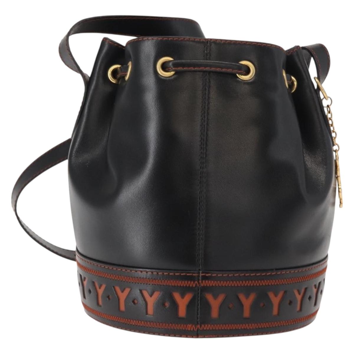 SAINT LAURENT Y Motif Shoulder Bag Leather Black Gold Auth 149413