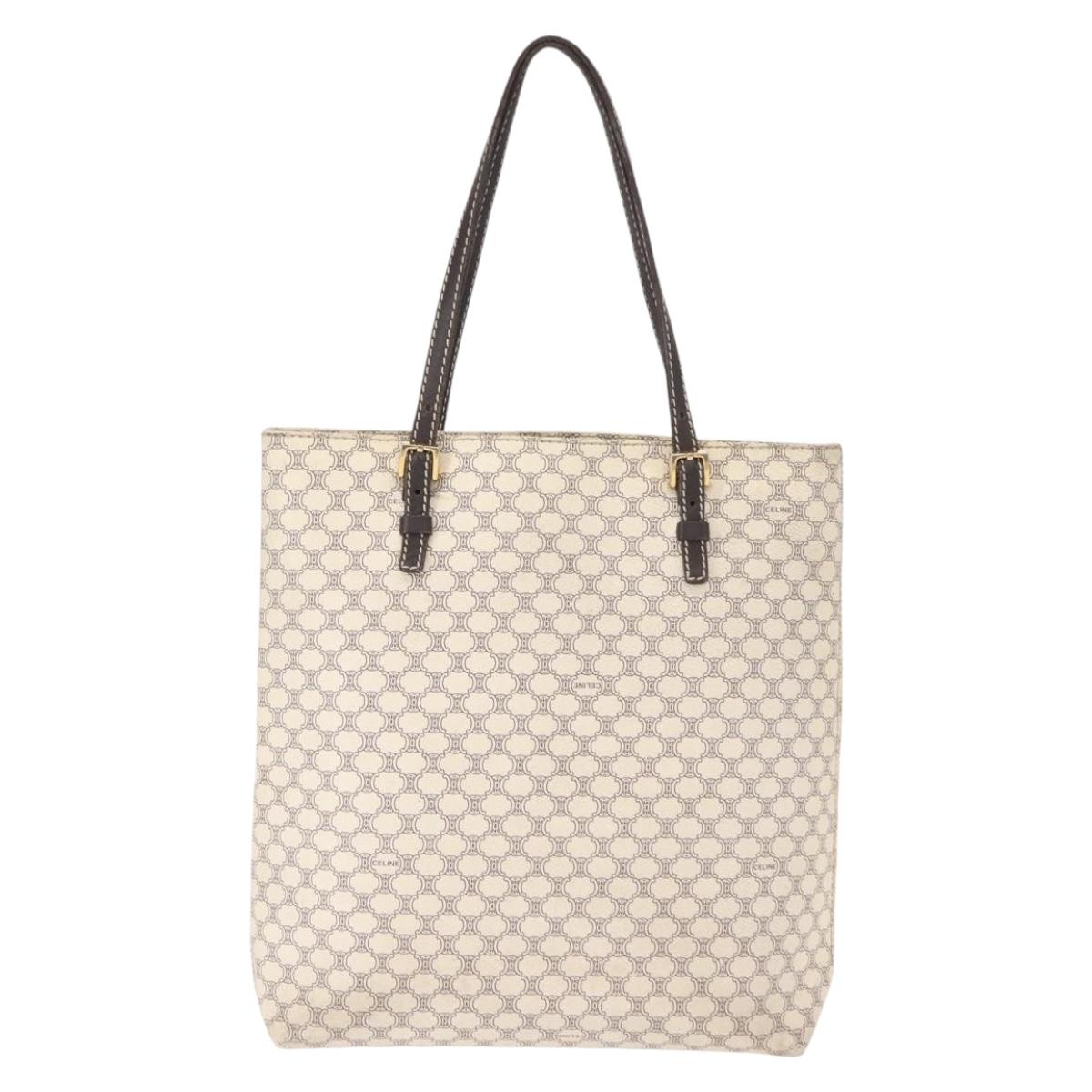 CELINE Macadam Canvas Tote Bag PVC Leather White Gold Auth 149420