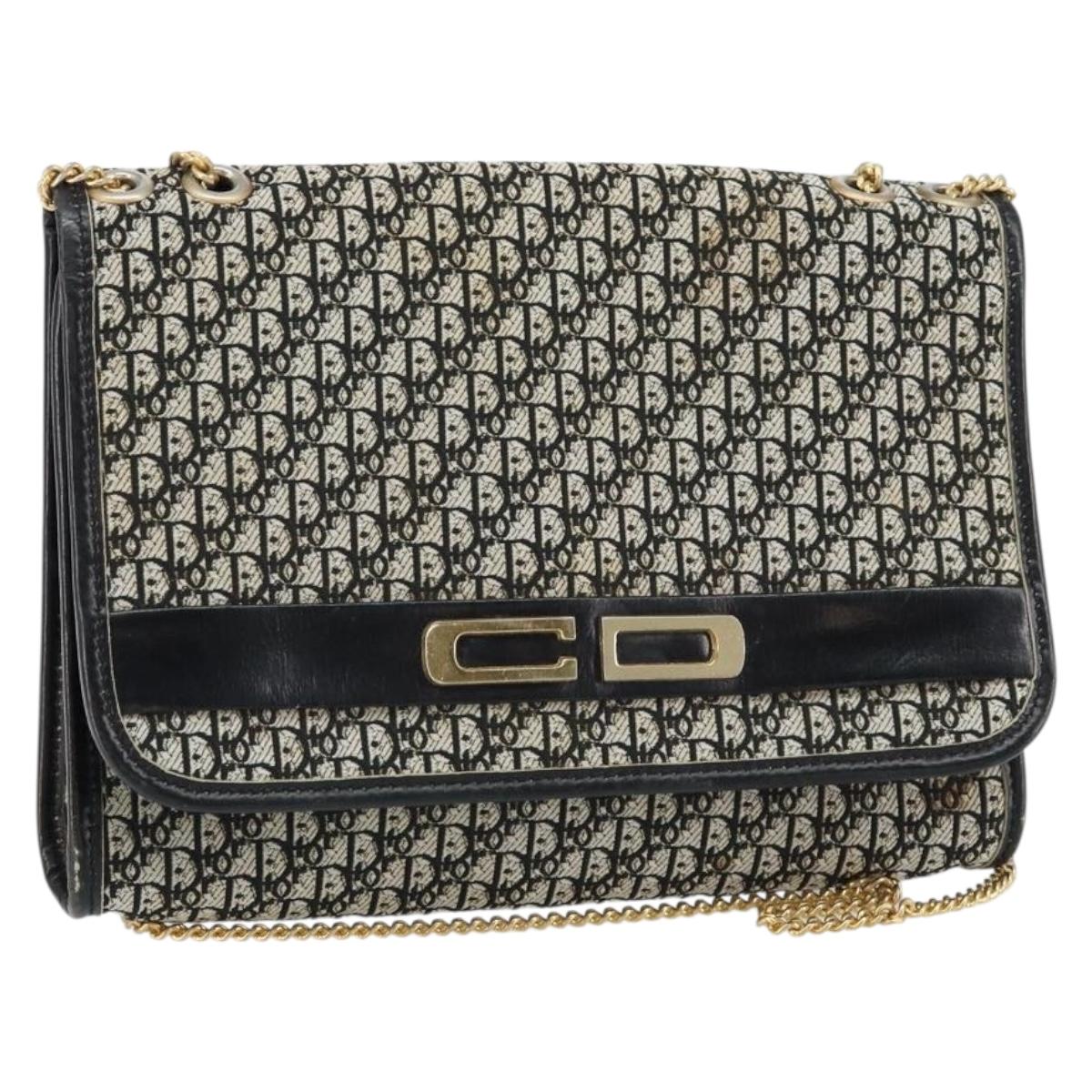 Christian Dior Trotter Canvas Chain Shoulder Bag Black Gold Auth 149437