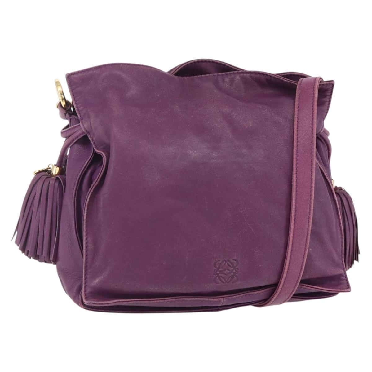 LOEWE Anagram Flamenco Shoulder Bag Leather Purple Gold Auth 149442