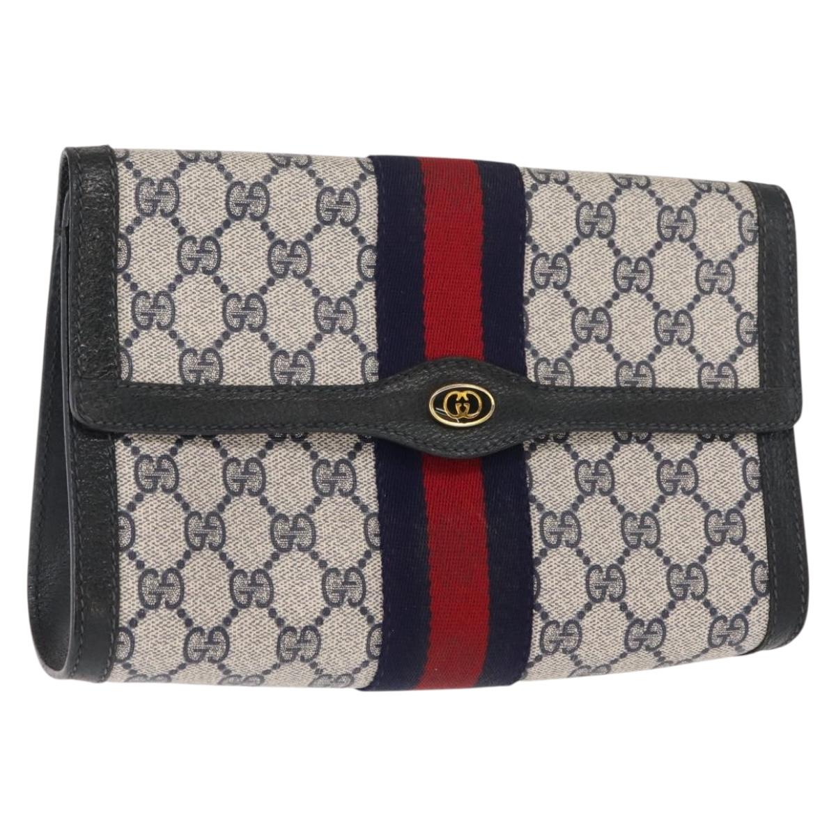 GUCCI GG Supreme Sherry Line Clutch Bag PVC Leather Navy 84 01 006 Auth 149456