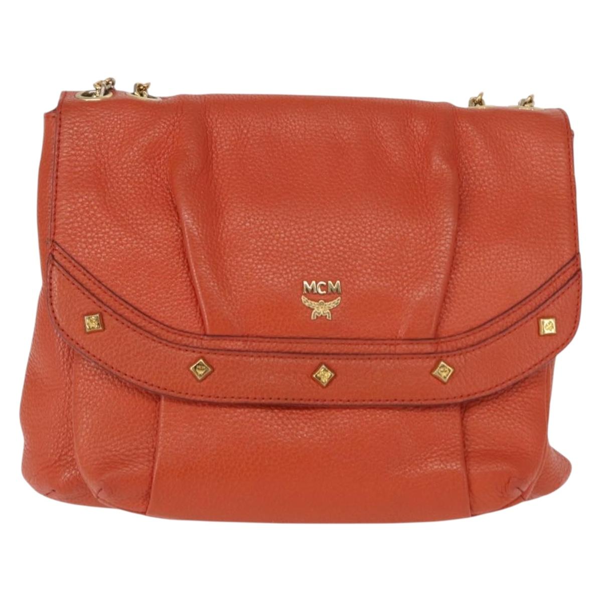 MCM Studs Chain Shoulder Bag Leather Orange Gold Auth 149467