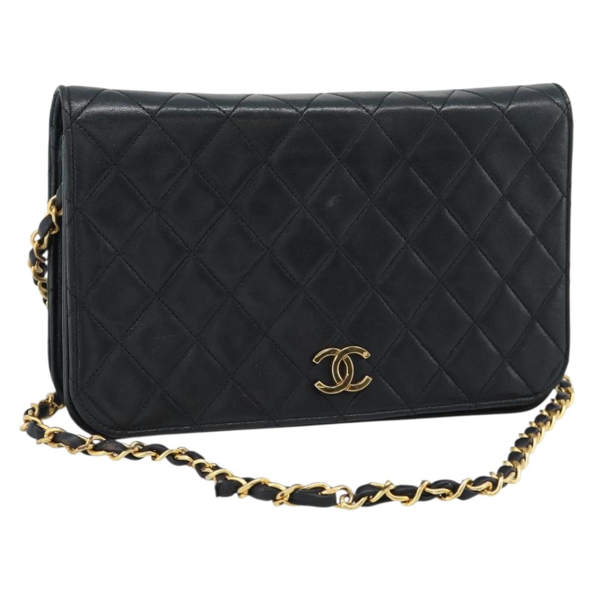 CHANEL Matelasse Chain Shoulder Bag Lamb Skin Black Gold CC Auth 149481