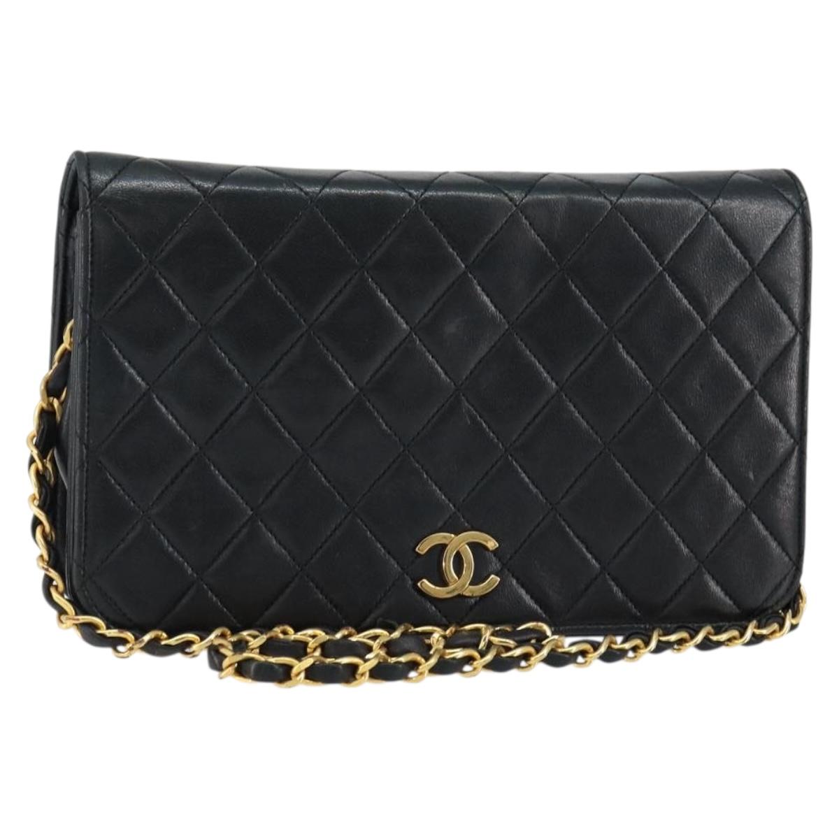 CHANEL Matelasse Chain Shoulder Bag Lamb Skin Black Gold CC Auth 149481