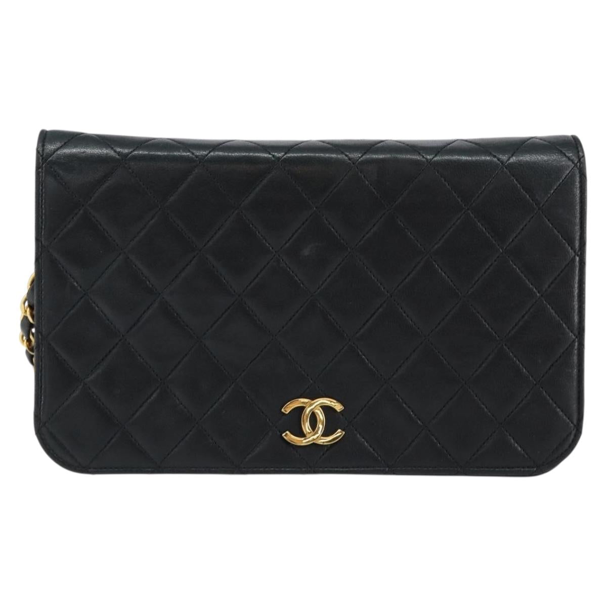 CHANEL Matelasse Chain Shoulder Bag Lamb Skin Black Gold CC Auth 149481