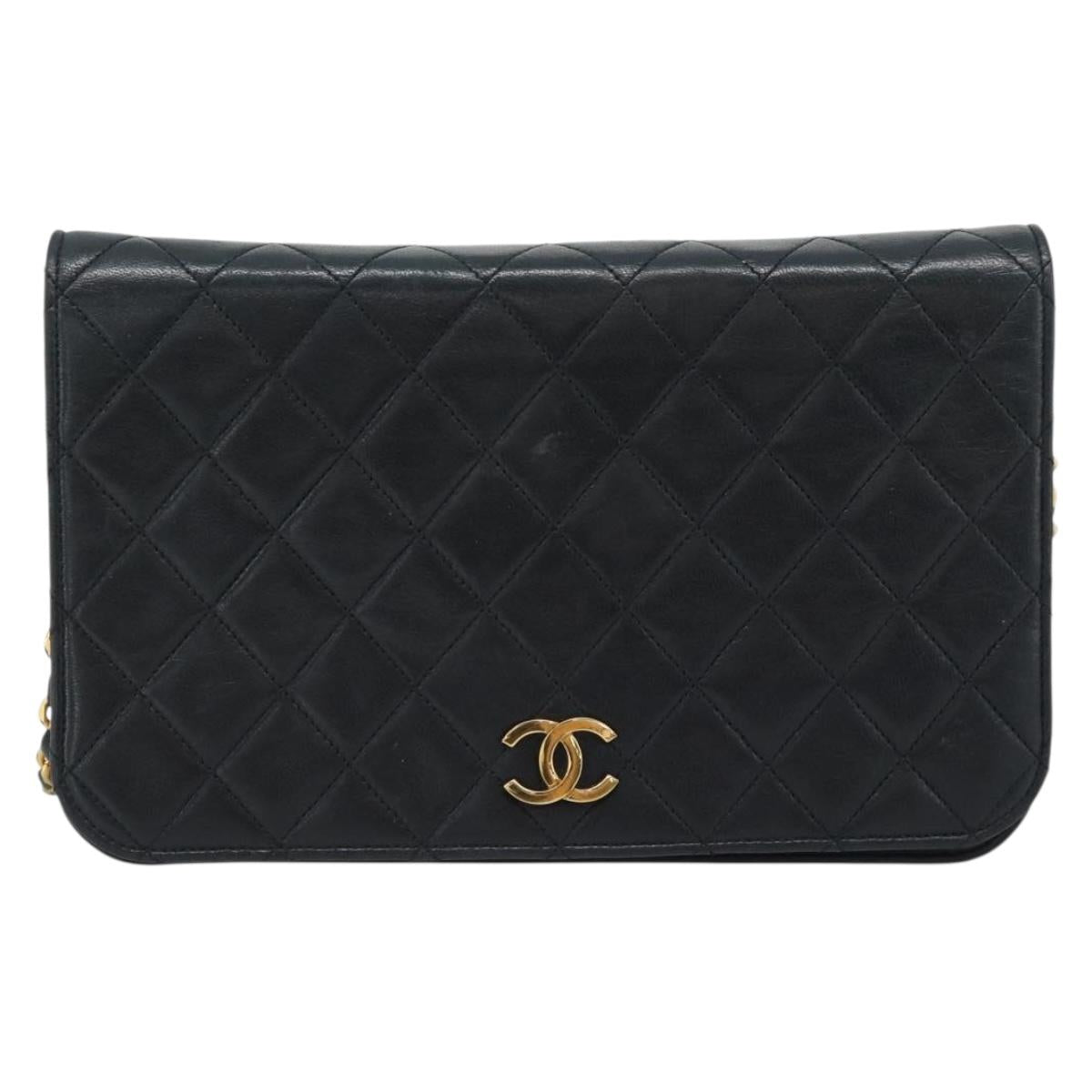 CHANEL Matelasse Chain Shoulder Bag Lamb Skin Black Gold CC Auth 149481