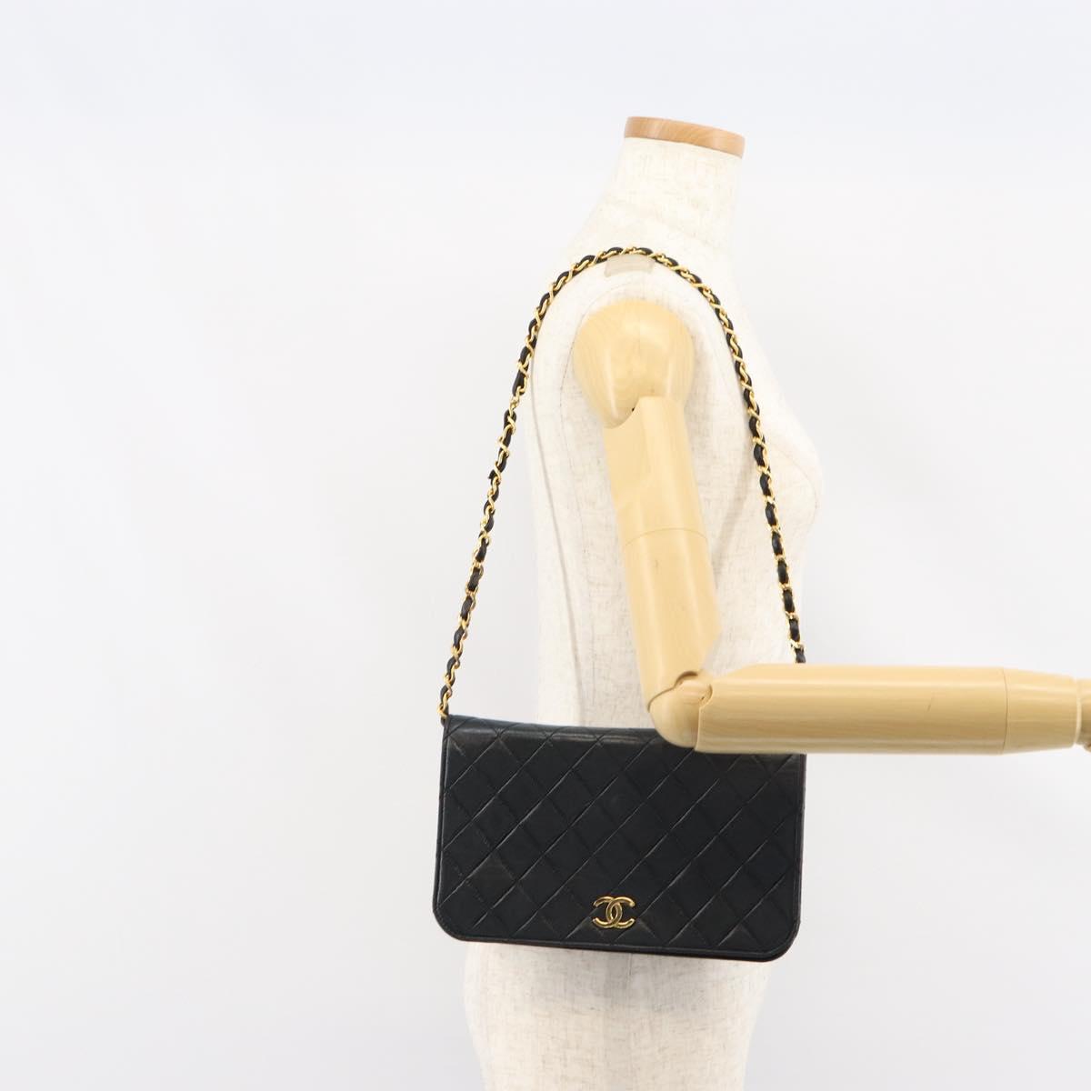 CHANEL Matelasse Chain Shoulder Bag Lamb Skin Black Gold CC Auth 149481