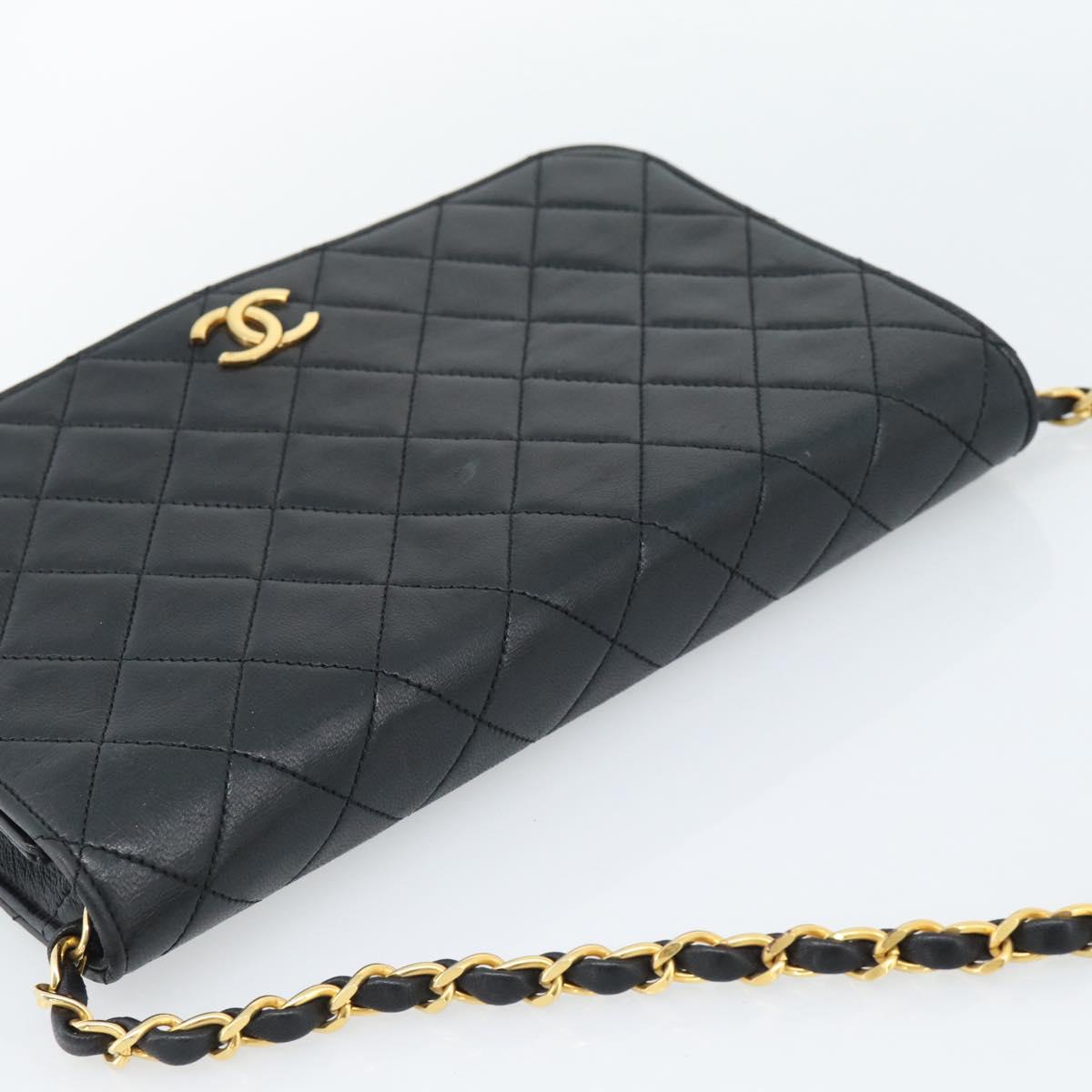 CHANEL Matelasse Chain Shoulder Bag Lamb Skin Black Gold CC Auth 149481