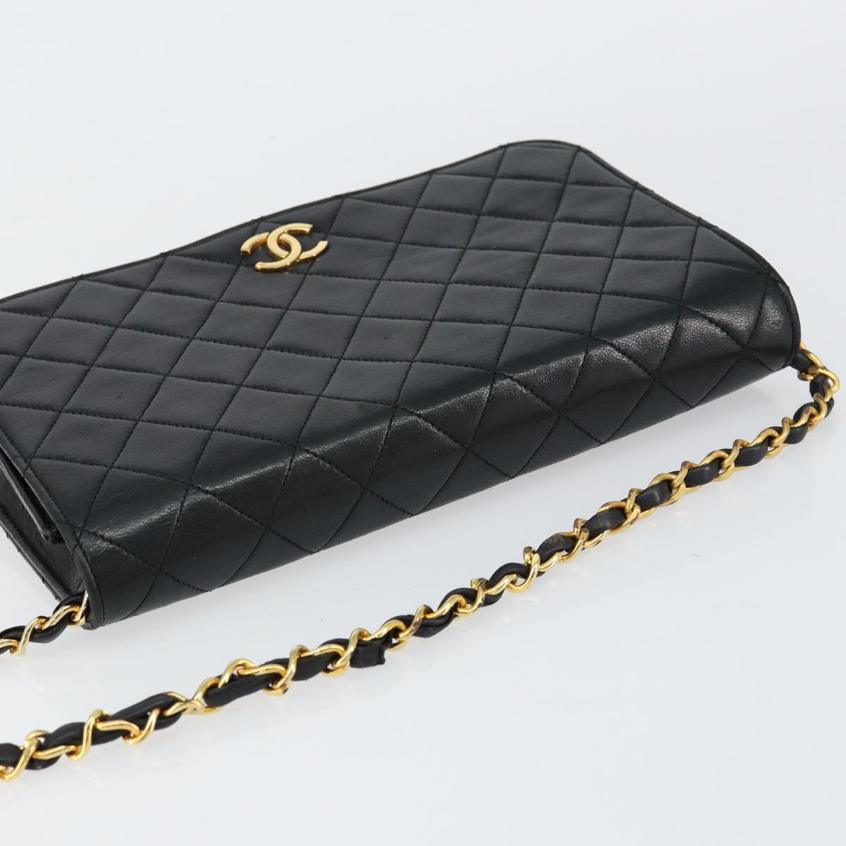 CHANEL Matelasse Chain Shoulder Bag Lamb Skin Black Gold CC Auth 149481