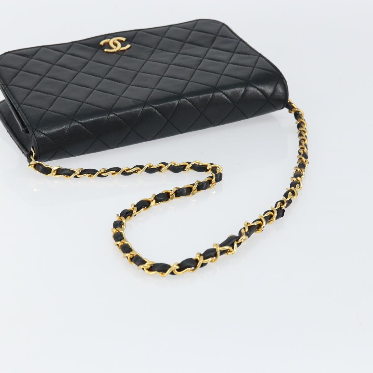 CHANEL Matelasse Chain Shoulder Bag Lamb Skin Black Gold CC Auth 149481