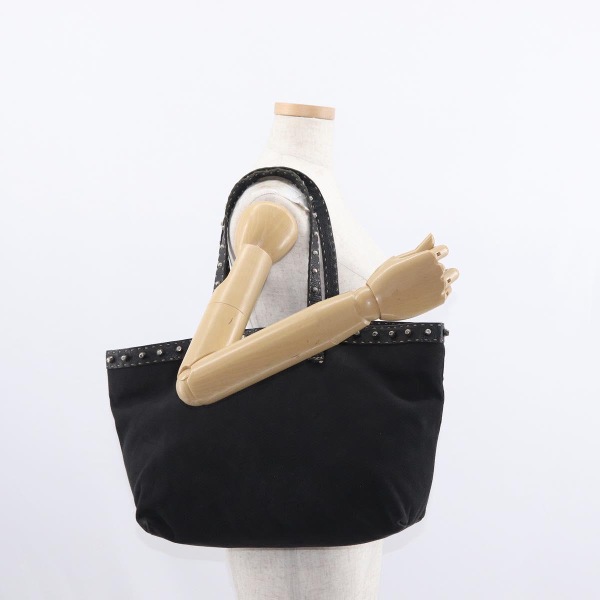 FENDI Studs Celeria Tote Bag Canvas Black Silver Auth 149482